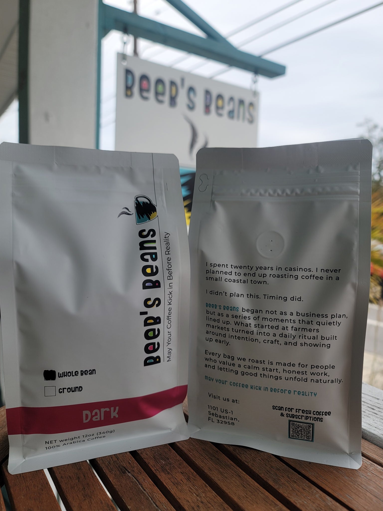 Dark roast coffee by Beebs Beans, small-batch roasted in Florida