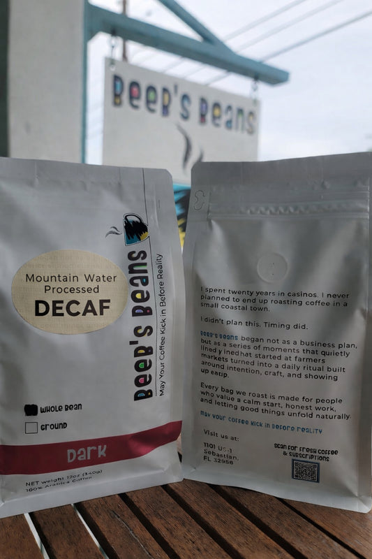 Mountain water process decaf coffee by Beebs Beans, roasted in Florida